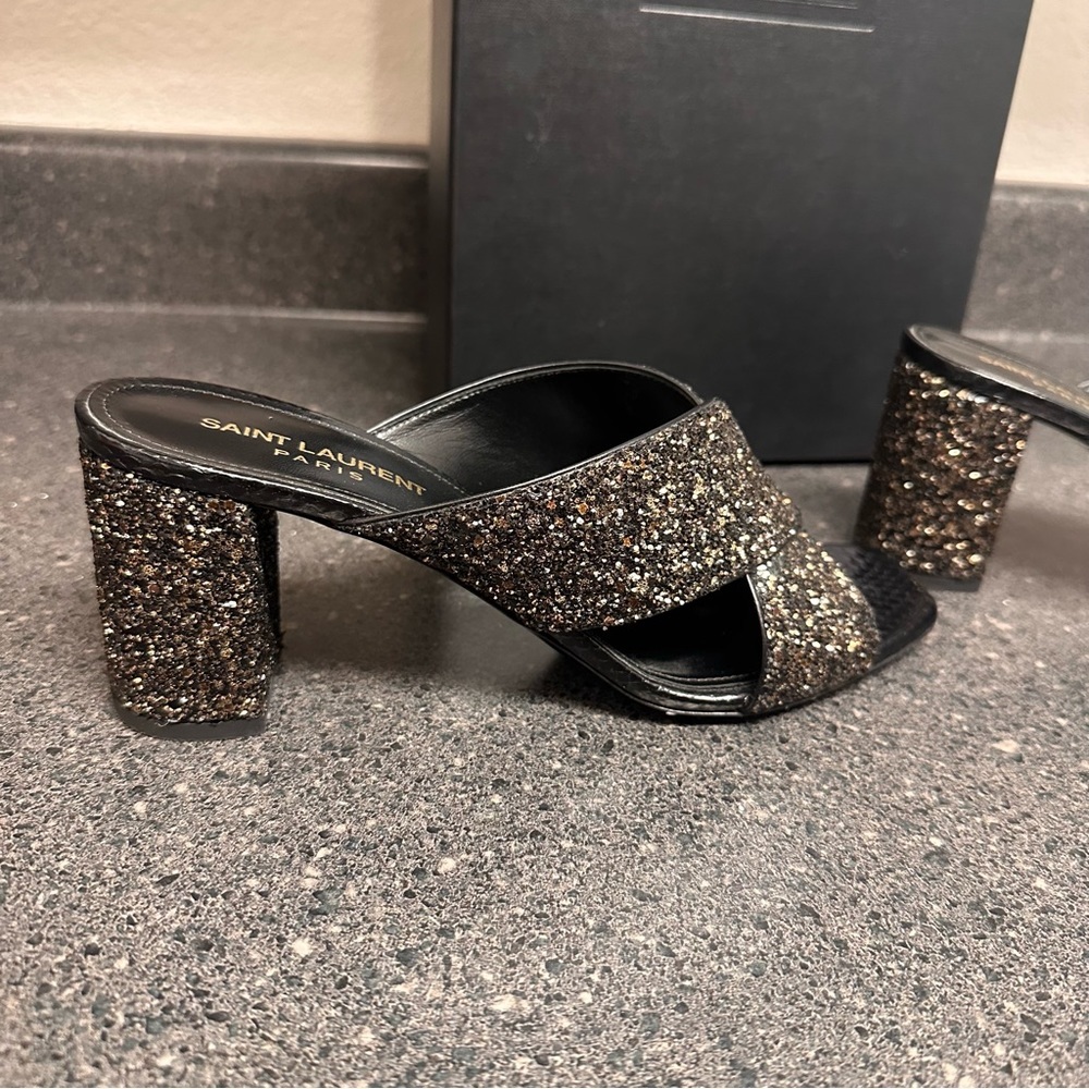 Saint Laurent Black and Gold Glitter Crisscross Block Heel Mules - Picture 6 of 13